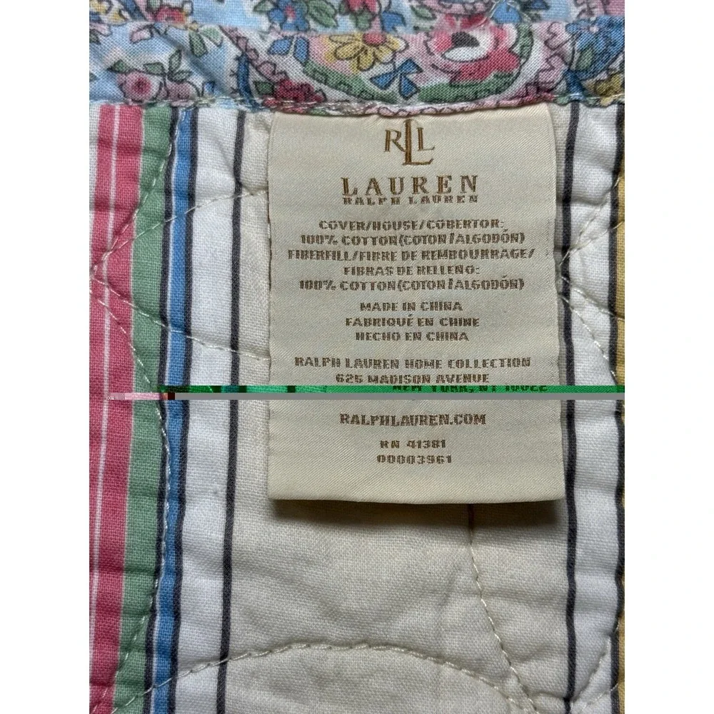 Ralph Lauren Quilt Paisley Floral Queen Shabby Chic Coverlet Blue Pink Stripes